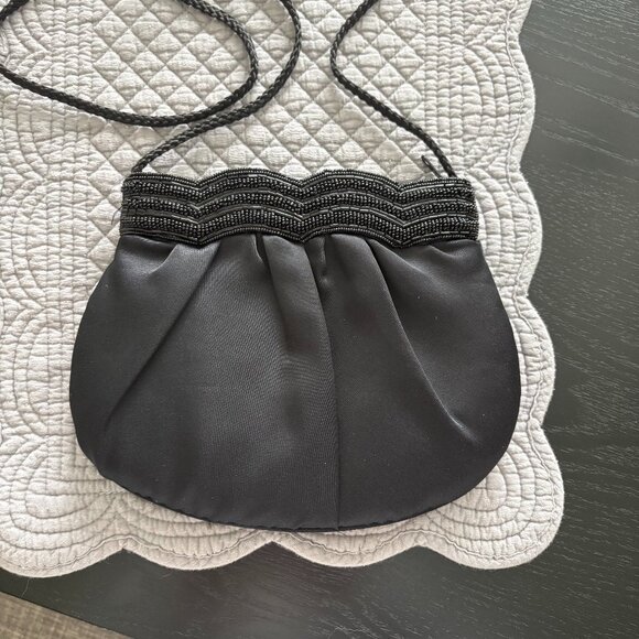 Vintage Almondo Black Evening Bag Beaded Trim Ruched Formal Clutch Purse EUC - Picture 2 of 8